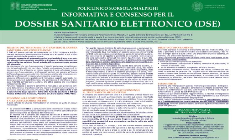 Informativa e consenso per il dossier sanitario elettronico